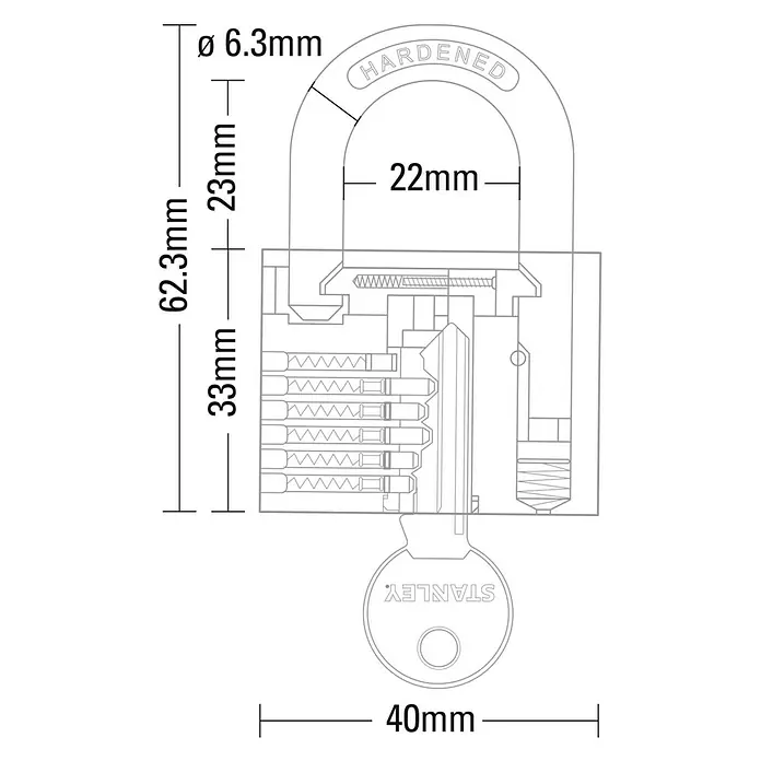 Stanley Candado - Ancho: 40 mm, Latón - Dibujo técnico de un candado con dimensiones. Representación detallada de los mecanismos internos y de las dimensiones.