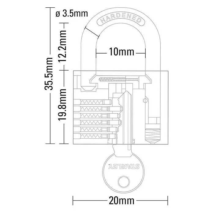 Stanley Candado - Ancho: 20 mm, Latón - Gráfico de un mecanismo de bloqueo con detalles de tamaño, mostrando las dimensiones y características de diseño del dispositivo.