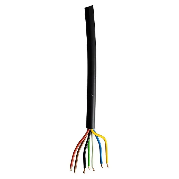 Fahrzeugleitung Meterware FLRYY 7x1 mm² - Schwarz, 1 mm² - Ein detailliertes Bild eines mehradrigen Kabels mit freiliegenden, farbcodierten Leitern, die aus einer schwarzen Ummantelung ragen.