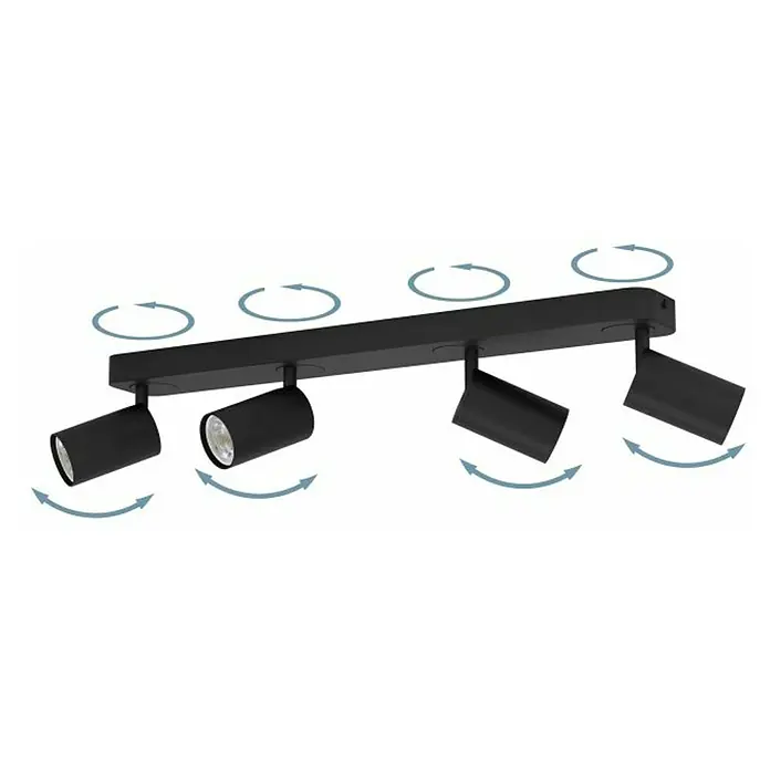 Eglo LED-Deckenleuchte Telimbela-Z - L x B x H: 580 x 80 x 97 mm, Lichtfarbe: Kaltweiß - Bild einer schwarzen Strahler-Deckenleuchte mit vier verstellbaren Strahlern, die sich drehen und ausrichten lassen.