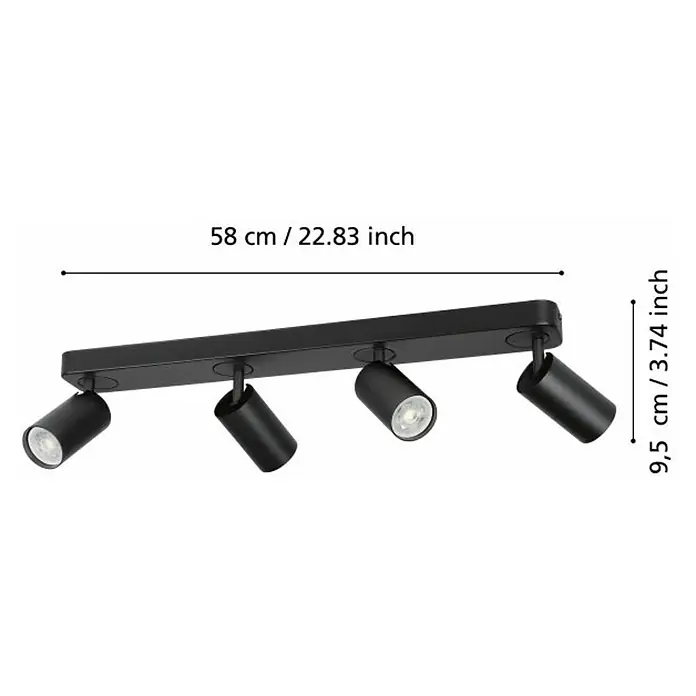Eglo LED-Deckenleuchte Telimbela-Z - L x B x H: 580 x 80 x 97 mm, Lichtfarbe: Kaltweiß - Schwarze LED-Deckenleuchte mit vier Strahlern, ideal für moderne Wohnräume. Die Leuchte ist 58 cm breit und 9,5 cm hoch.