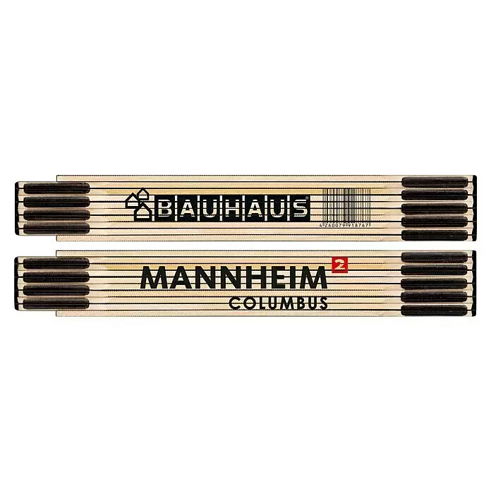 BAUHAUS Zollstock - Mannheim Columbus - Holz-Gliedermaßstab mit BAUHAUS Logo, Barcode und Aufschrift "MANNHEIM COLUMBUS 2".