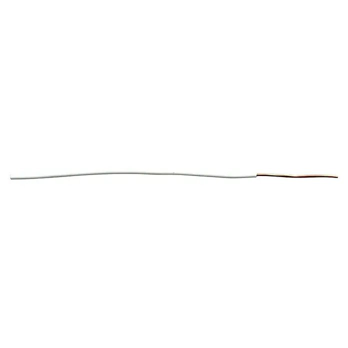 Aderleitung H07V-U 1x1,5 mm² - Anzahl Adern: 1, 100 m, Weiß - Detailaufnahme eines weißen Elektrokabels, das sich vor einem schwarzen Hintergrund schlängelt und einen blanken Draht am Ende zeigt.