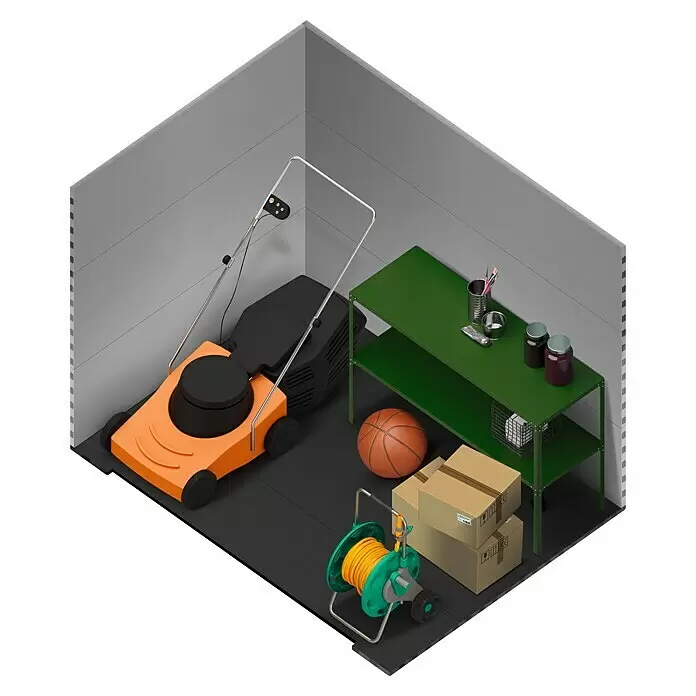 The Space Plus Gerätehaus One 2.56 - Außenmaß inkl. Dachüberstand (B x T): 181 x 134 cm, Kunststoff, Grundfläche: 2,39 m² - Verschiedene Lagerartikel: ein orangefarbener Rasenmäher, ein grünes Regal, ein gelb-grüner Schlauchwagen, Kartons und ein Basketball.