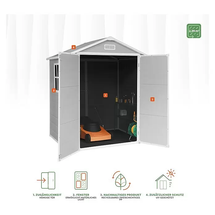 The Space Plus Gerätehaus One 2.56 - Außenmaß inkl. Dachüberstand (B x T): 181 x 134 cm, Kunststoff, Grundfläche: 2,39 m² - Graues Gerätehaus mit offenen Doppeltüren, zeigt Innenraum mit Rasenmäher und Regalen. Mit Fenstern und UV-Schutz. Fläche: 2,39 m².