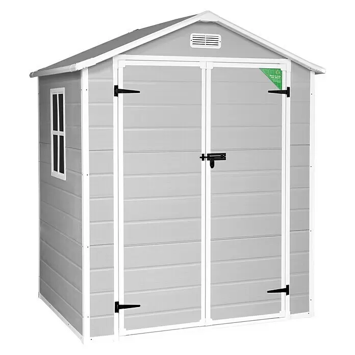 The Space Plus Gerätehaus One 2.56 - Außenmaß inkl. Dachüberstand (B x T): 181 x 134 cm, Kunststoff, Grundfläche: 2,39 m² - Hellgraues Kunststoff-Gartenhaus mit Doppeltür, Seitenfenster und Lüftungsschlitz, zur Aufbewahrung im Freien.