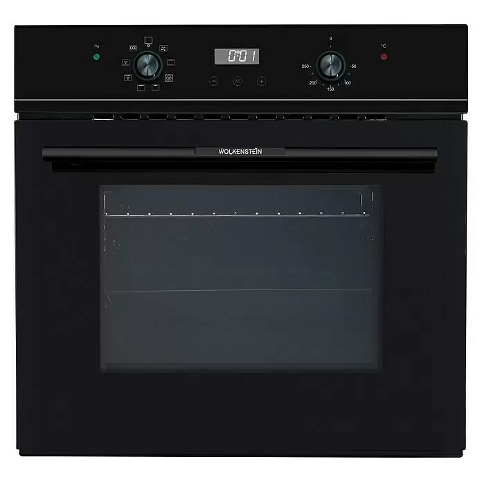 Wolkenstein Einbaubackofen WMO 90 - Anzahl Beheizungsarten: 8 Stk., Volumen Backofen: 66 l, Schwarz - Schwarzer Einbauofen mit Digitalanzeige und Drehknöpfen.