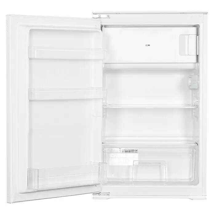 Flex-Well Lucca Küchenzeile - Breite: 270 cm, Weiß, Mit Elektrogeräten - Offener, leerer weißer Kühlschrank mit durchsichtigen Ablagen und Türfächern.
