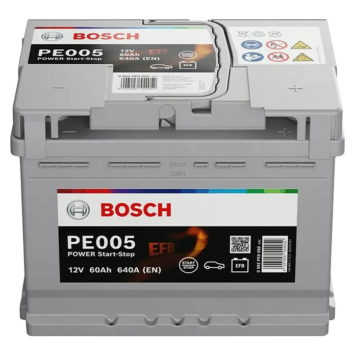 Bosch Autobatterie EFB 60Ah 640A - Typ Autobatterie: EFB, 12 V, 60 Ah - Bosch PE005 Autobatterie, 12V, 60Ah, 640A (EN) mit Power Start-Stop Funktion und EFB-Technologie für zuverlässige Leistung.