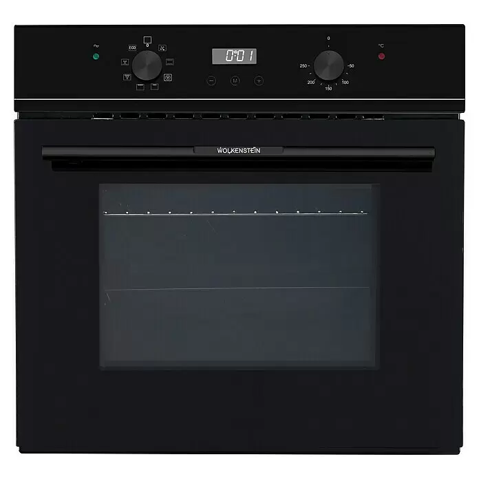 Wolkenstein Einbaubackofen WMO 80 - Anzahl Beheizungsarten: 8 Stk., Volumen Backofen: 62 l, Schwarz - Ein schwarzer Einbau-Backofen mit Digitalanzeige (0:01), Drehreglern für Temperatur und Heizarten sowie einer Glastür.