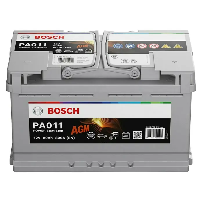 Bosch Autobatterie AGM 80Ah 800A - Typ Autobatterie: AGM, 12 V, 80 Ah - Abbildung einer Bosch PA011 AGM Autobatterie, bekannt für ihre Start-Stopp-Funktion und hohe Leistung.