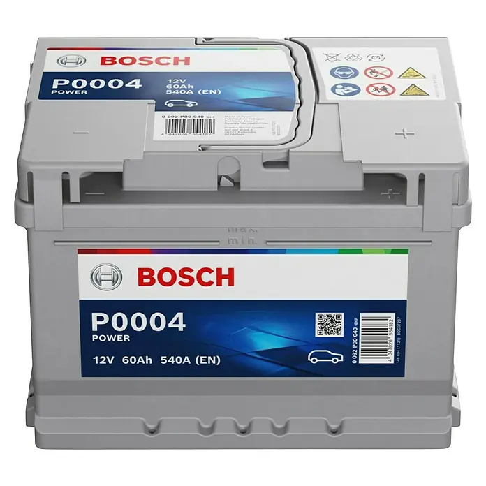 Bosch Autobatterie SLI 60Ah 540A - Typ Autobatterie: Blei-Säure, 12 V, 60 Ah - Abbildung einer Bosch P0004 Autobatterie mit 12V, 60Ah und 540A (EN) Leistung, ideal für zuverlässige Energieversorgung im Auto.