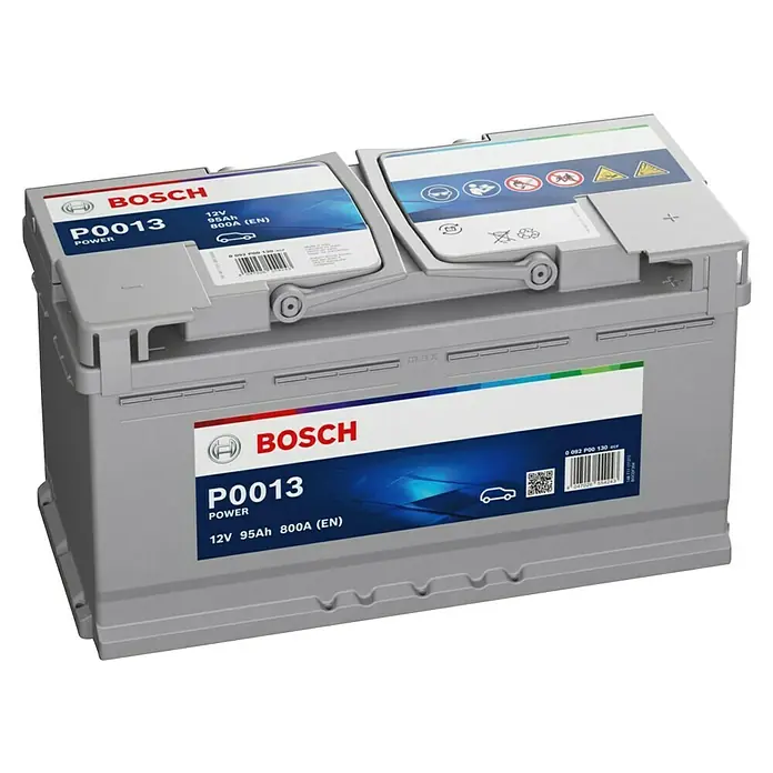Bosch Autobatterie SLI 95Ah 800A - Typ Autobatterie: Blei-Säure, 12 V, 95 Ah - Hier ist eine Autobatterie von Bosch, Modell P0013 mit 12V, 95Ah und 800A (EN). Sie ist grau und hat ein Etikett mit technischen Daten.