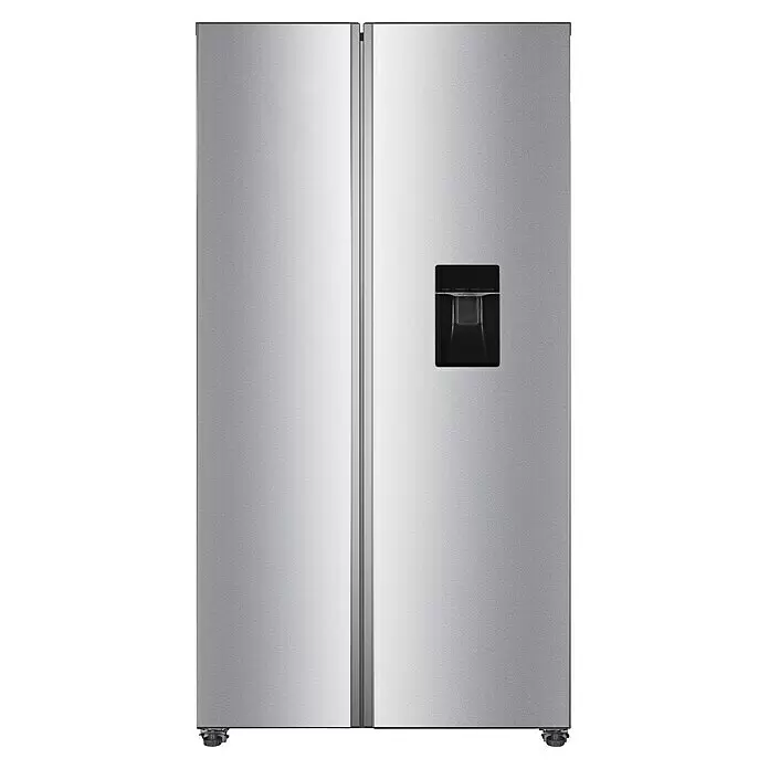 PKM Kühl-Gefrierkombination SBS400EIXWDAZ - Nutzinhalt Gesamt: 439 l, 99 x 91 x 177 cm, Inox - Silberner Side-by-Side-Kühlschrank mit Wasserspender an der rechten Tür.