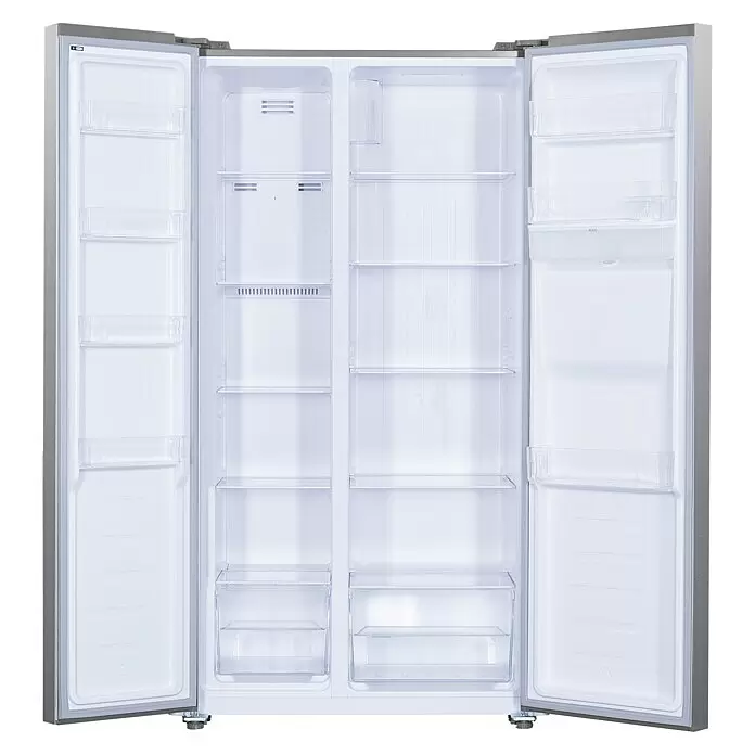 PKM Kühl-Gefrierkombination SBS400EIXWDAZ - Nutzinhalt Gesamt: 439 l, 99 x 91 x 177 cm, Inox - Offener, leerer Side-by-Side-Kühlschrank aus Edelstahl mit weißem Innenraum und transparenten Ablagen.