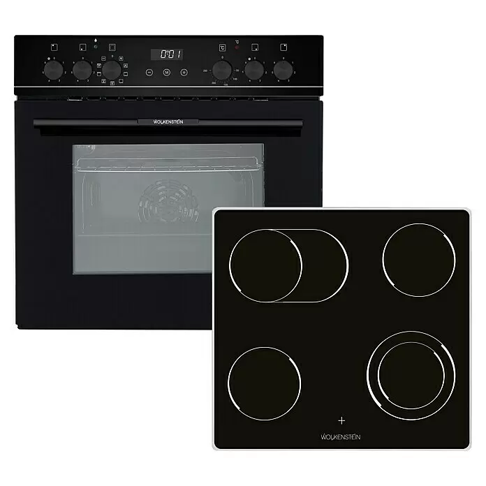 Wolkenstein Einbauherd-Set WMOC 90 - Anzahl Beheizungsarten: 8 Stk., Schwarz - Schwarzer Einbauofen mit Digitalanzeige und schwarzes Keramikkochfeld mit vier Kochzonen.