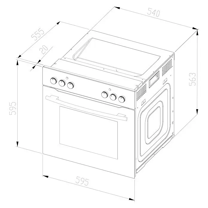 Wolkenstein Einbaubackofen WMO 90 - Anzahl Beheizungsarten: 8 Stk., Volumen Backofen: 66 l, Schwarz - Technische Zeichnung eines Einbaubackofens mit Bedienfeld und Griff, zeigt Hauptabmessungen: B595 x H595 x T540 mm.