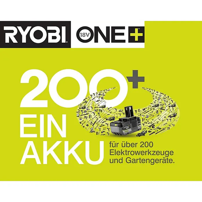 Ryobi ONE+ LED-Akkustrahler RLP18-0 - 18 V, Ohne Akku, 3.000 lm - Werbung für Ryobi ONE+ mit dem Slogan "200+ EIN AKKU für über 200 Elektrowerkzeuge und Gartengeräte."