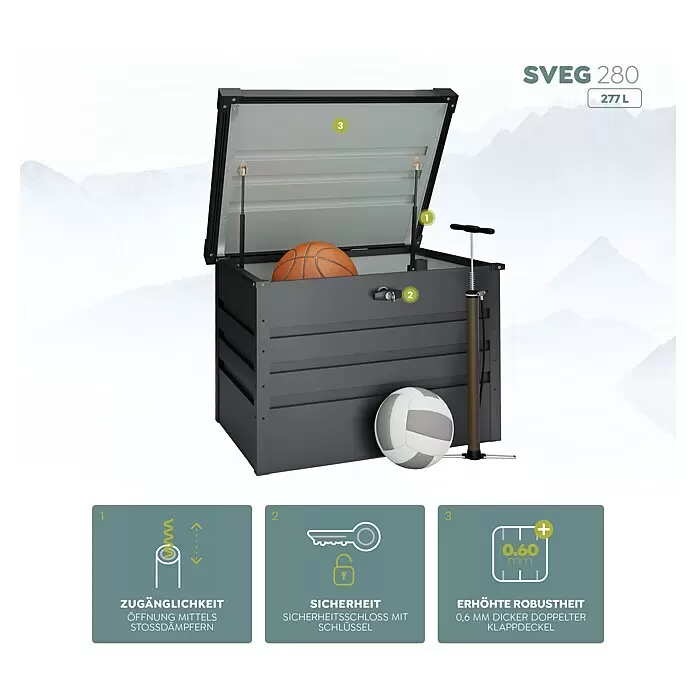 Hoggar Garten-Aufbewahrungsbox Sveg - L x B x H: 61 x 72 x 63 cm, Anthrazit, Metall - Anthrazitfarbene SVEG 280 Gartenbox (277L) mit gasfederunterstütztem Deckel, Sicherheitsschloss und 0,6mm starkem robusten Doppelklappdeckel.