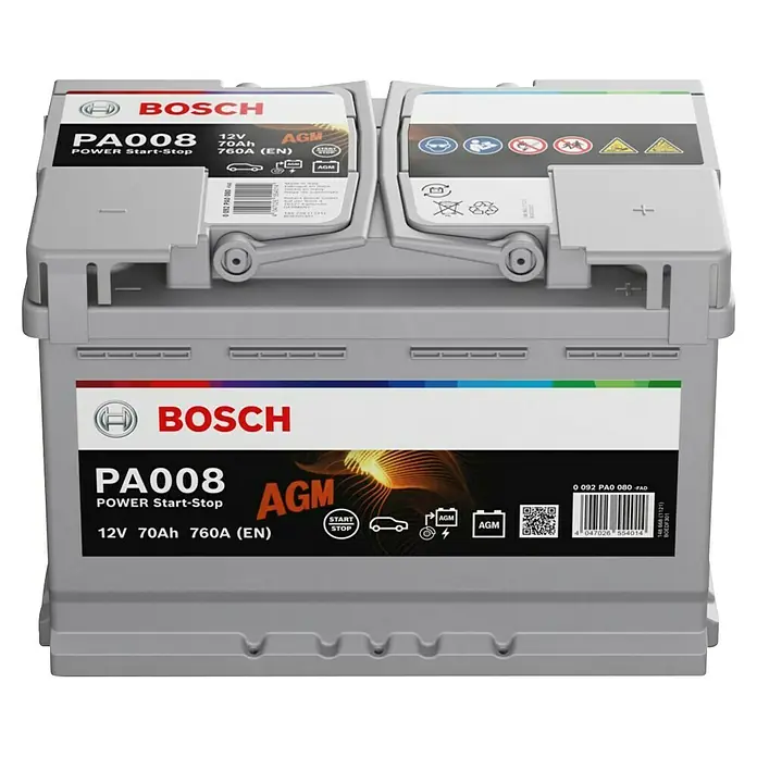Bosch Autobatterie AGM 70Ah 760A - Typ Autobatterie: AGM, 12 V, 70 Ah - Hier ist die Bosch PA008 Autobatterie, eine leistungsstarke AGM-Batterie für Fahrzeuge mit Start-Stopp-System.