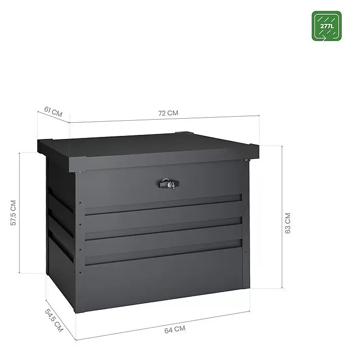 Hoggar Garten-Aufbewahrungsbox Sveg - L x B x H: 61 x 72 x 63 cm, Anthrazit, Metall - Dunkelgraue Outdoor-Aufbewahrungsbox mit Schloss, Maßen und 277L Fassungsvermögen.