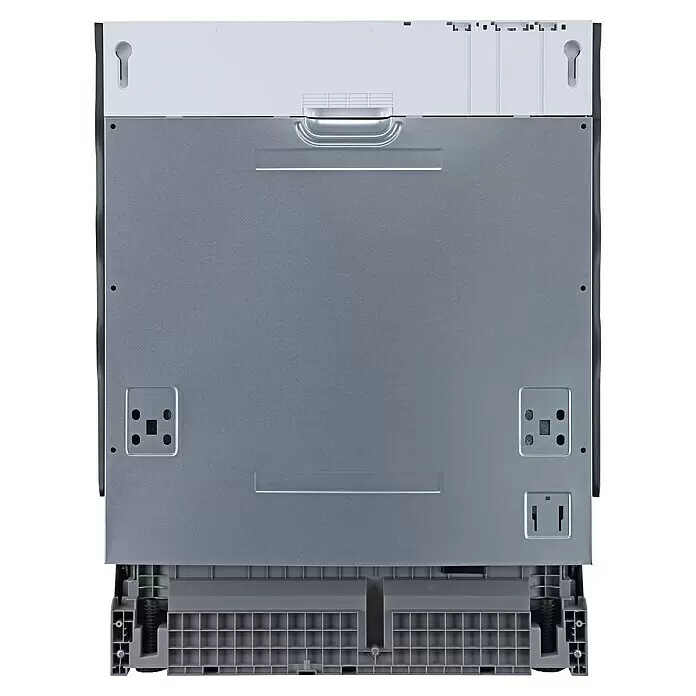 Held Möbel Winkelküche Padua Typ 2 - B x T: 420 x 240 cm, Weiß, Mit Elektrogeräten, Cerankochfeld - Rückseite einer grauen Spülmaschine mit Befestigungsschlitzen und verstellbaren Füßen.