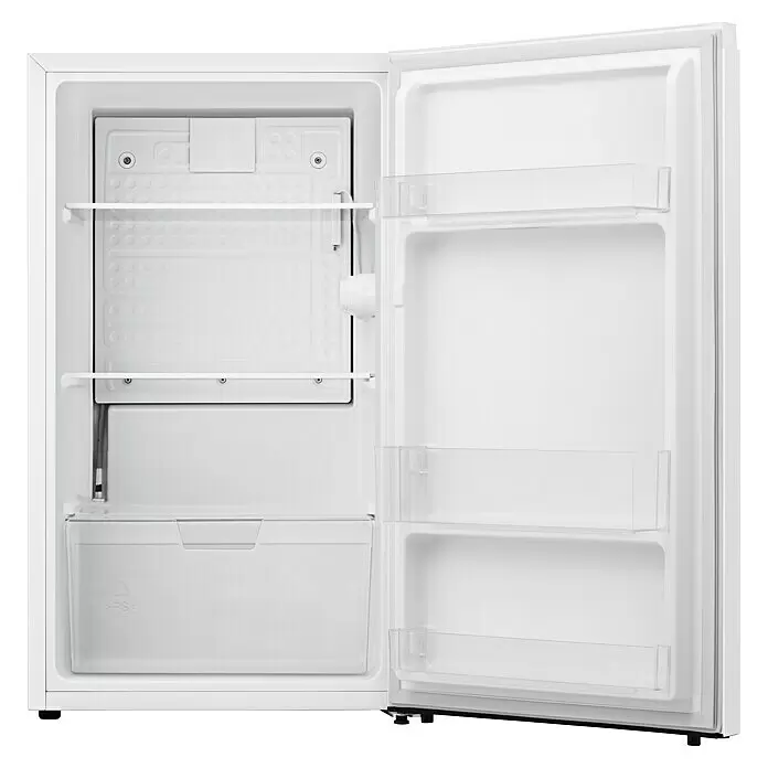 PKM Vollraumkühlschrank KS94E - Nutzinhalt Gesamt: 92 l, 44,8 x 47,5 x 84,2 cm, Weiß - Offener weißer Kühlschrank, der sein Inneres mit Regalen, einem Gefrierfach und Türablagen zeigt.