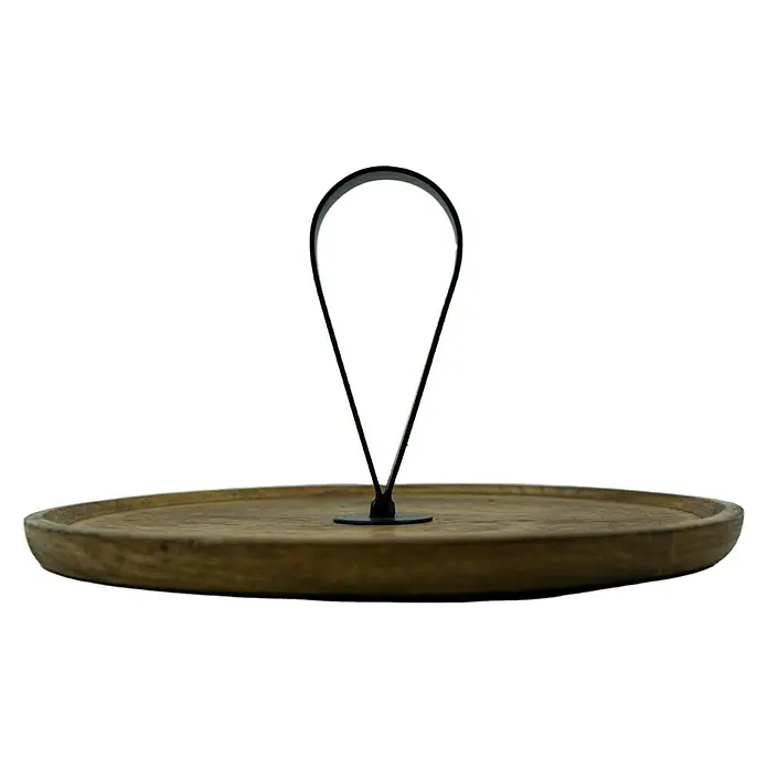 Tablett Metallgriff - Durchmesser: 28 cm, Holz, Natur - Nahaufnahme eines hölzernen Serviertabletts mit einem eleganten schwarzen Griff. Ideal zum stilvollen Präsentieren von Speisen und Getränken.