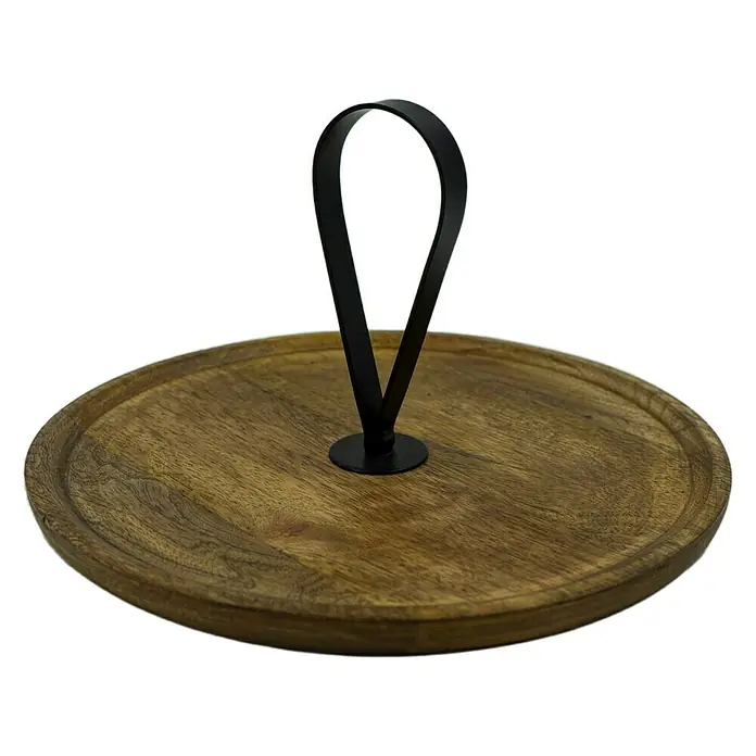 Tablett Metallgriff - Durchmesser: 28 cm, Holz, Natur - Servierplatte aus Holz mit schwarzem Metallgriff. Stilvolle Holzplatte für Speisen und Dekoration mit praktischem Tragegriff.