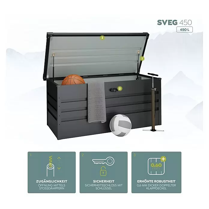 Hoggar Garten-Aufbewahrungsbox Sveg - L x B x H: 120 x 61 x 62 cm, Anthrazit - Dunkelgraue Outdoor-Aufbewahrungsbox, 450L, mit geöffnetem Deckel, Gasfedern, Schloss und 0,6mm doppelwandiger, robuster Konstruktion.