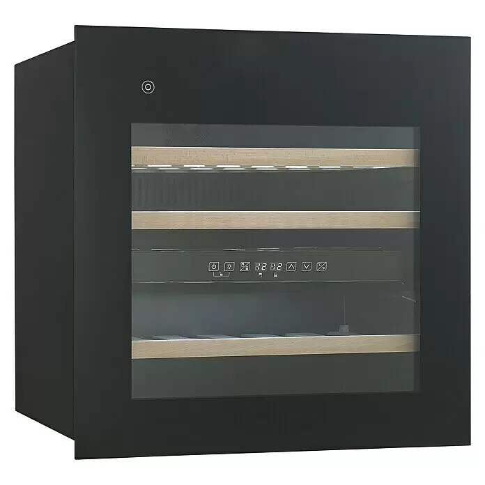 Wolkenstein Weinkühlschrank EWTS85 - L x B x H: 56,3 x 59 x 59,5 cm, Schwarz - Ein schwarzer Weinkühlschrank mit Glastür, der Holzregale und ein digitales Bedienfeld mit Temperatureinstellungen zeigt.