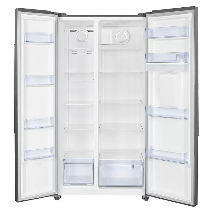 Wolkenstein Kühl-Gefrierkombination WSBS518NFWDEIX - Nutzinhalt Gesamt: 529 l, 66 x 90 x 177 cm, Silber - Geöffneter grauer Side-by-Side-Kühlschrank mit weißem Innenraum, transparenten Ablagen und Schubladen.