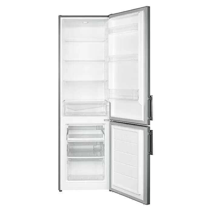 Wolkenstein Kühl-Gefrierkombination KGK180E - Nutzinhalt Gesamt: 262 l, 56 x 55 x 180 cm, Inxo-Design - Offener, leerer silbergrauer Kühlschrank mit oben Kühl- und unten Gefrierfach, zeigt Innenfächer und Schubladen.
