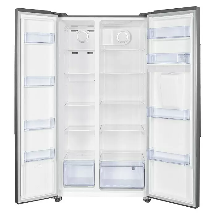Wolkenstein Kühl-Gefrierkombination WSBS518NFWDEIX - Nutzinhalt Gesamt: 529 l, 66 x 90 x 177 cm, Silber - Offener Side-by-Side Kühlschrank mit leerem weißen Innenraum, transparenten Regalen und Türfächern.
