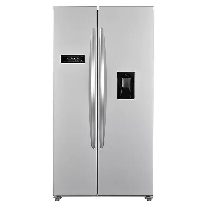 Wolkenstein Kühl-Gefrierkombination WSBS518NFWDEIX - Nutzinhalt Gesamt: 529 l, 66 x 90 x 177 cm, Silber - Silberner Side-by-Side-Kühlschrank mit Digitalanzeige und integriertem Wasserspender.
