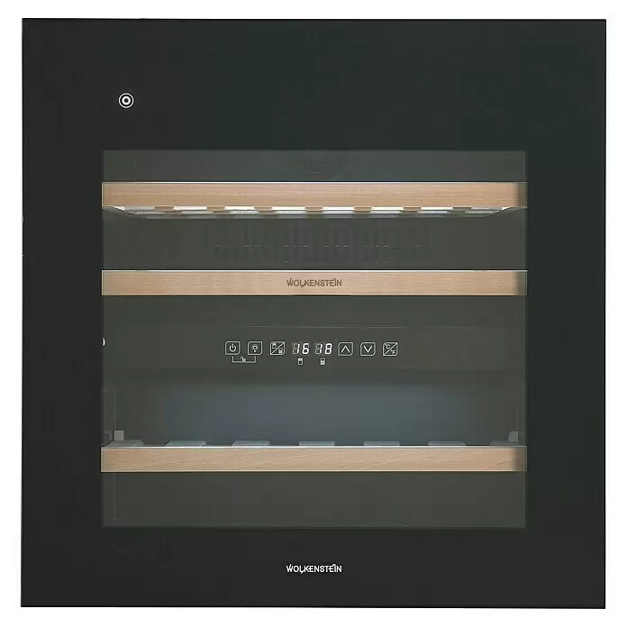 Wolkenstein Weinkühlschrank EWTS85 - L x B x H: 56,3 x 59 x 59,5 cm, Schwarz - Schwarzer Einbau-Weinkühlschrank mit Glastür, Holzregalen und digitalem Bedienfeld.
