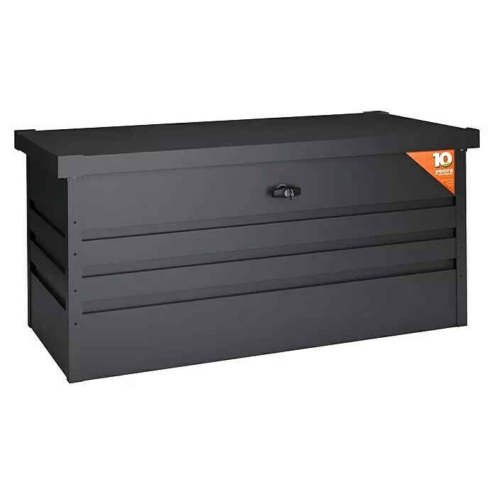 Hoggar Auflagenbox Sveg - 120 x 61 x 62 cm, Metall, Anthrazit - Dunkelgraue Outdoor-Aufbewahrungstruhe mit abschließbarem Deckel und Rippenstruktur, inklusive 10-Jahres-Garantieetikett.