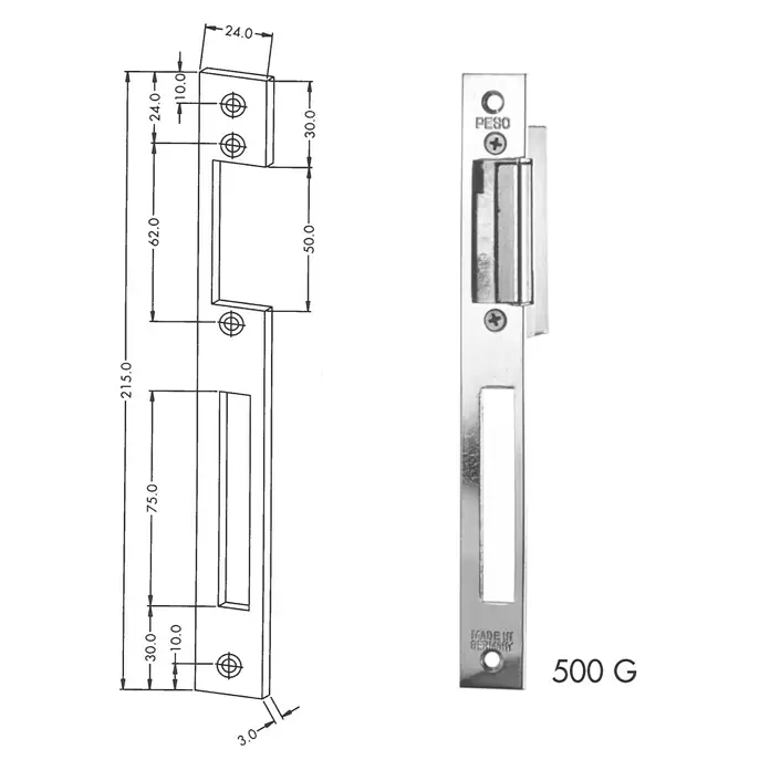Stabilit Elektrischer Türöffner - Links/Rechts, Spannung: 5 V - 8 V, L x B: 215 x 24 mm - Darstellung eines Türöffners mit technischen Zeichnungen, inklusive Maße und Gewicht, für detaillierte Produktinformationen.