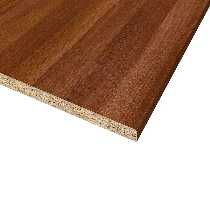 CUCINE Küchenarbeitsplatte nach Maß - Milano Walnut, Stärke: 3,8 cm, Breite: 60 cm - Detailaufnahme einer Holzspanplatte mit brauner Furnieroberfläche, die die Materialbeschaffenheit und Textur hervorhebt.