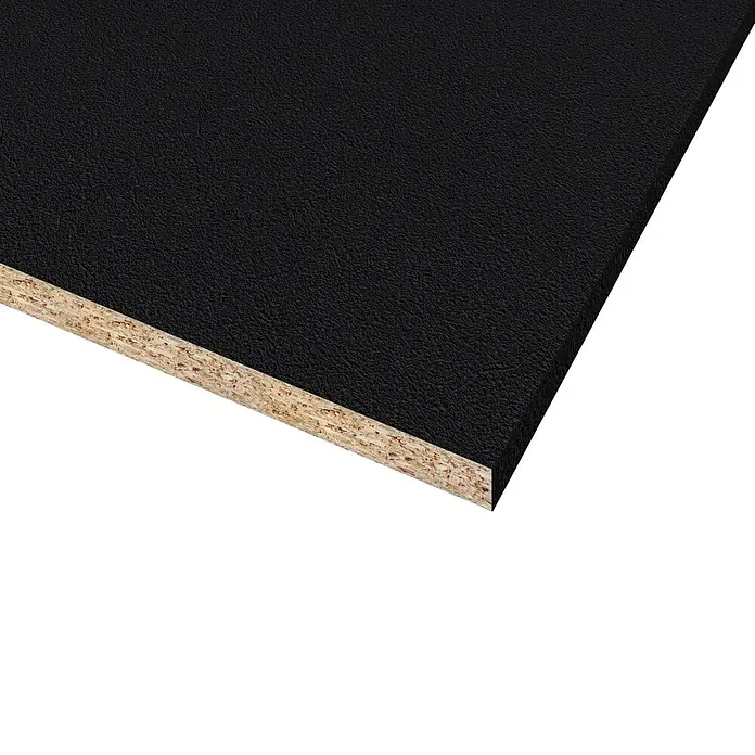 CUCINE Küchenarbeitsplatte nach Maß - Schwarz, Stärke: 3,8 cm, Breite: 63,5 cm - Detailaufnahme einer schwarzen Spanplatte, die die Textur und die Kante des Produkts zeigt.