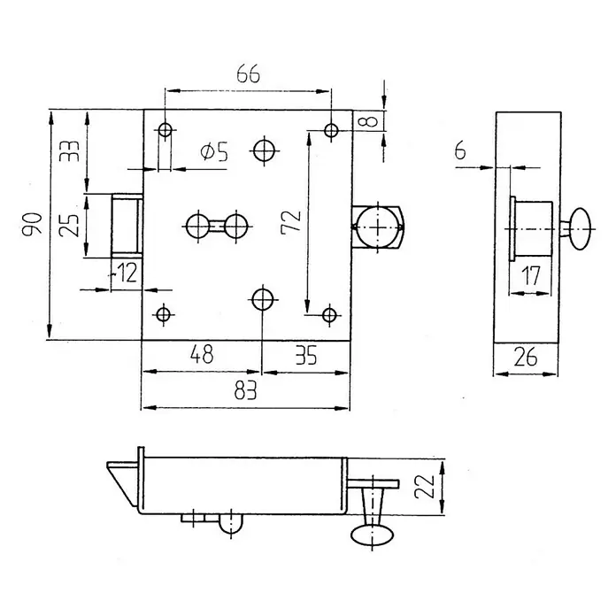Stabilit Schloss - Buntbartschloss, Universell einsetzbar, L x B x H: 26 x 83 x 90 mm - Technische Zeichnung eines Türriegels mit Maßen, einschließlich Ansichten von oben, vorne und der Seite, die Design und Details zeigen.