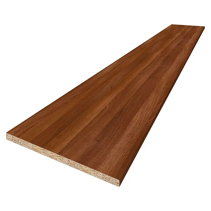 CUCINE Küchenarbeitsplatte nach Maß - Milano Walnut, Stärke: 3,8 cm, Breite: 60 cm - Nahaufnahme einer Spanplatte mit Holzfurnier, die die Textur und Konstruktion des Materials hervorhebt.