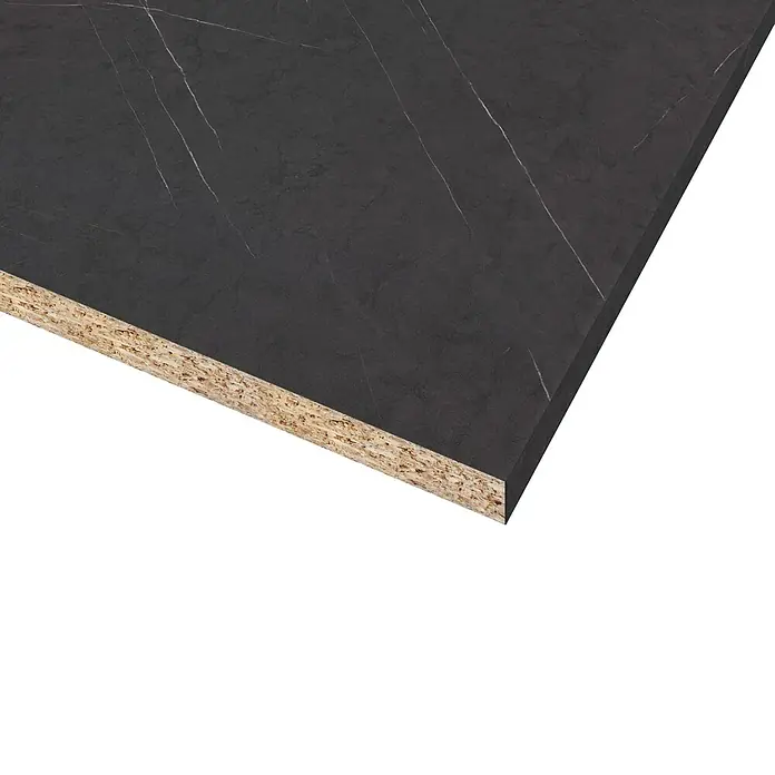 CUCINE Küchenarbeitsplatte nach Maß - Marmor schwarz, Stärke: 3,8 cm, Breite: 63,5 cm - Detailaufnahme einer dunklen Arbeitsplatte mit Marmoroptik und sichtbarer Spanplattenstruktur.