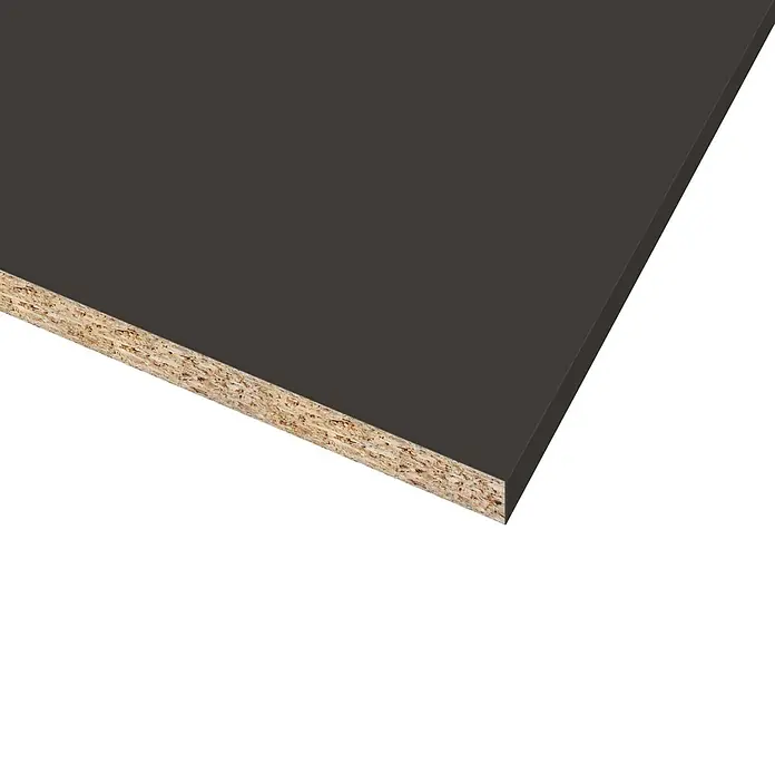 CUCINE Küchenarbeitsplatte nach Maß - Anthrazit, Stärke: 3,8 cm, Breite: 63,5 cm - Nahaufnahme einer Spanplatte mit dunkler Beschichtung, die die Textur und Oberfläche des Materials hervorhebt.