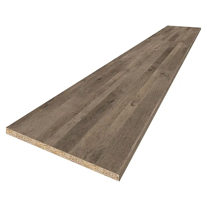 CUCINE Küchenarbeitsplatte nach Maß - Vintage Eiche, Stärke: 3,8 cm, Breite: 63,5 cm - Nahaufnahme einer robusten, grauen Arbeitsplatte mit deutlicher Holzmaserung, ideal für Küchen oder Werkstätten.