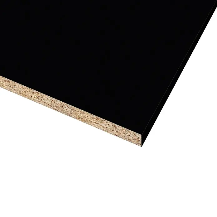 CUCINE Küchenarbeitsplatte nach Maß - Schwarz matt, Stärke: 3,8 cm, Breite: 63,5 cm - Detailaufnahme einer schwarzen Spanplatte, die die Textur und die Materialzusammensetzung hervorhebt.