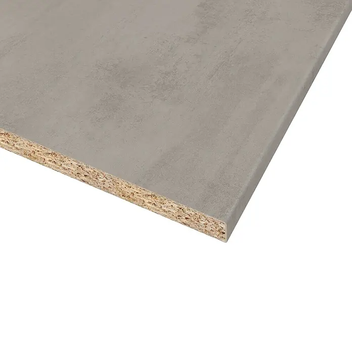 CUCINE Küchenarbeitsplatte nach Maß - Onyx silber, Stärke: 3,8 cm, Breite: 60 cm - Nahaufnahme einer Spanplatte mit grauer Beschichtung, die die Materialbeschaffenheit und Textur hervorhebt.