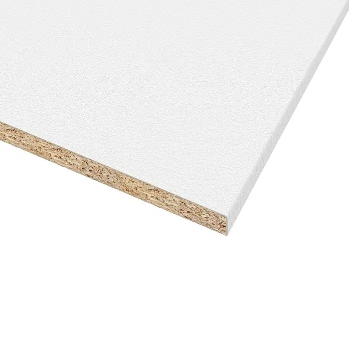 CUCINE Küchenarbeitsplatte nach Maß - Weiß, Stärke: 3,8 cm, Breite: 60 cm - Nahaufnahme einer Spanplatte mit weißer Beschichtung. Ideal für Möbelbau und Innenausbau durch die robuste und vielseitige Oberfläche.