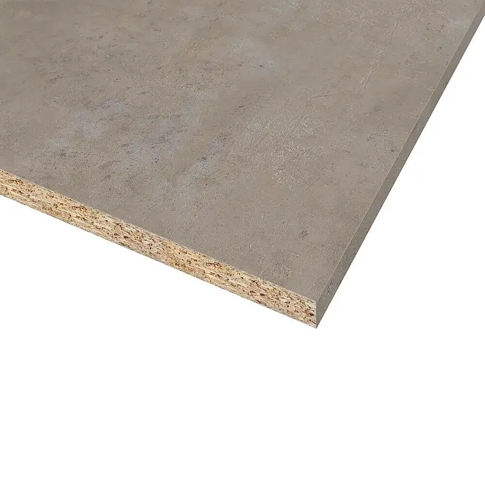 CUCINE Küchenarbeitsplatte nach Maß - Concrete, Stärke: 3,8 cm, Breite: 63,5 cm - Nahaufnahme einer Spanplatte mit grauer Beschichtung, die die Materialbeschaffenheit und Textur hervorhebt. Ideal für Möbelbau und Innenausbau.