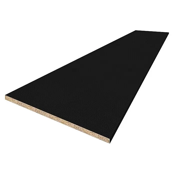 CUCINE Küchenarbeitsplatte nach Maß - Schwarz matt, Stärke: 3,8 cm, Breite: 90 cm - Schwarze rechteckige Spanplatte, die ihren Spanplattenkern zeigt.